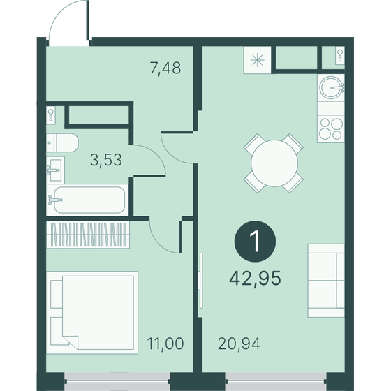 43 м², 1-комнатная квартира 6 620 000 ₽ - изображение 1