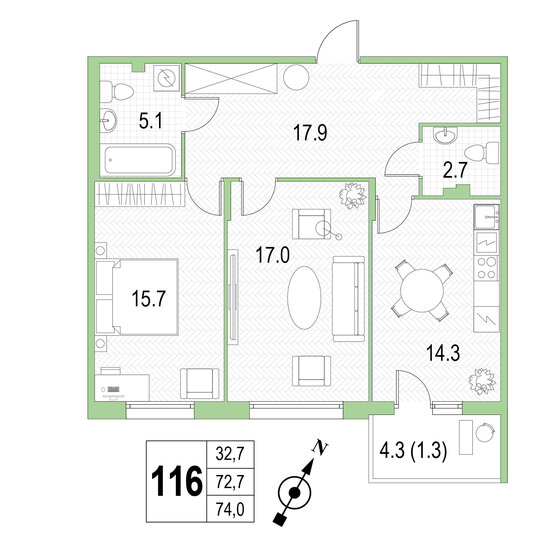 74 м², 2-комнатная квартира 20 136 140 ₽ - изображение 1