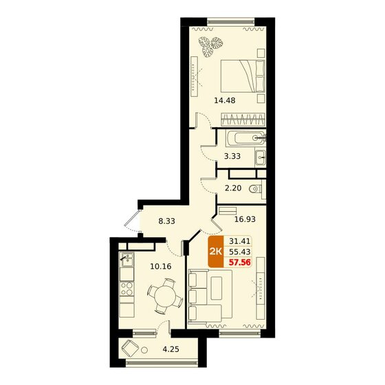 57,6 м², 2-комнатная квартира 8 869 996 ₽ - изображение 1