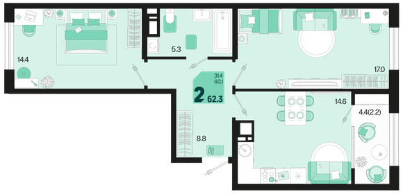 Квартира 62,3 м², 2-комнатная - изображение 1