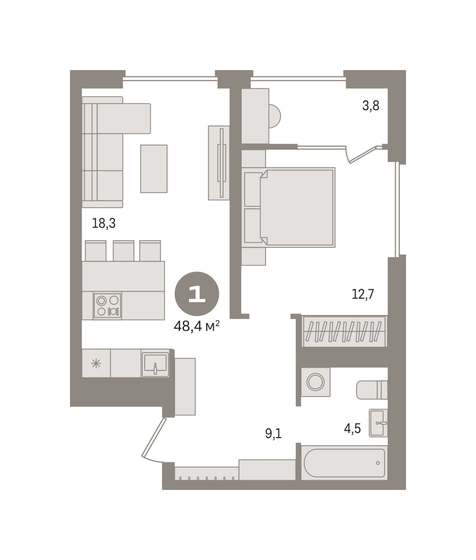 48,4 м², 1-комнатная квартира 9 950 000 ₽ - изображение 1