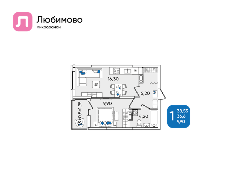 38,6 м², 1-комнатная квартира 6 371 467 ₽ - изображение 1