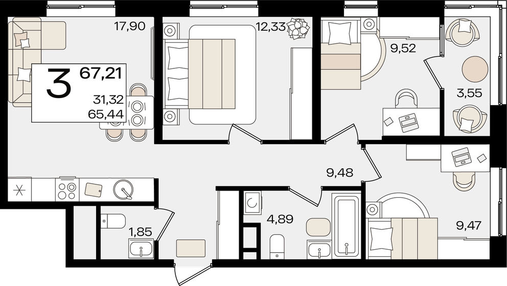 67,2 м², 3-комнатная квартира 18 590 286 ₽ - изображение 1