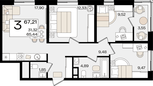 67,2 м², 3-комнатная квартира 18 590 286 ₽ - изображение 6