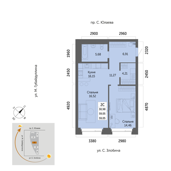 59,1 м², 2-комнатная квартира 8 355 600 ₽ - изображение 1