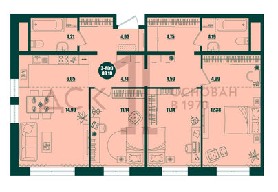 Квартира 88,1 м², 3-комнатная - изображение 1