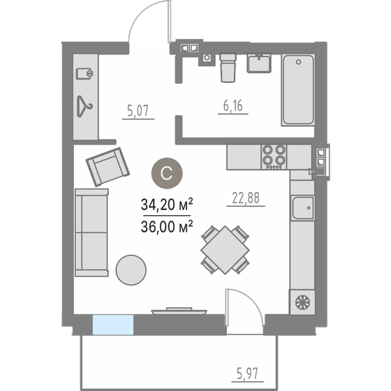 34,2 м², квартира-студия 4 500 000 ₽ - изображение 1