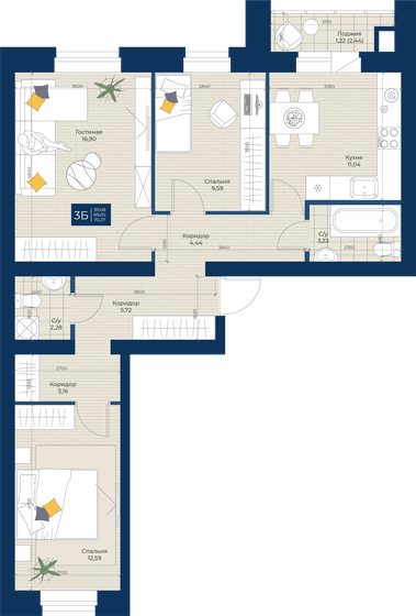 70,3 м², 3-комнатная квартира 8 003 753 ₽ - изображение 1