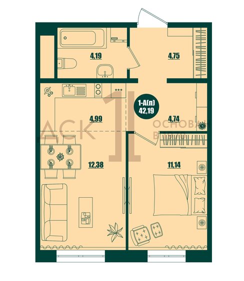 42,2 м², 1-комнатная квартира 5 850 000 ₽ - изображение 13