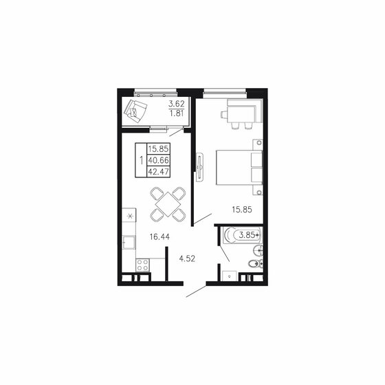 42,5 м², 1-комнатная квартира 6 497 910 ₽ - изображение 1