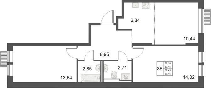 Квартира 59,5 м², 3-комнатная - изображение 1