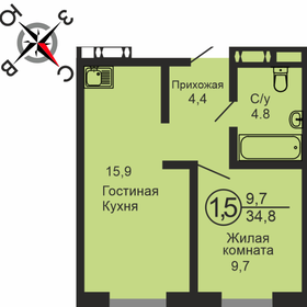 Квартира 35 м², 1-комнатная - изображение 2