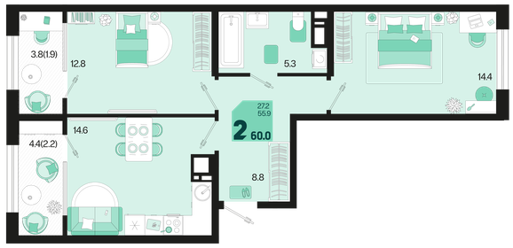 Квартира 60 м², 2-комнатная - изображение 1