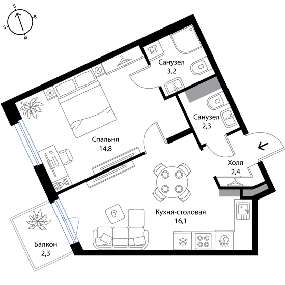 39,4 м², 2-комнатная квартира 6 934 400 ₽ - изображение 1