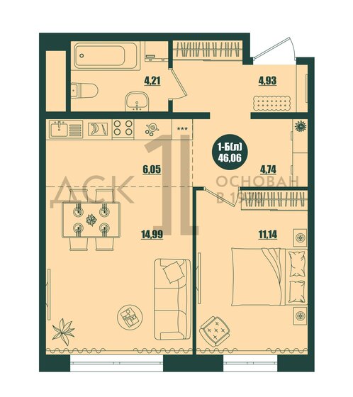 46,1 м², 1-комнатная квартира 6 800 000 ₽ - изображение 1