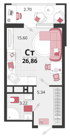 26,9 м², 1-комнатная квартира 4 566 200 ₽ - изображение 1