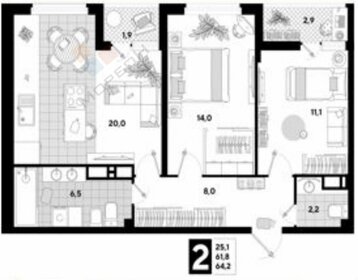 Квартира 64,2 м², 2-комнатная - изображение 1