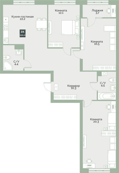 100 м², 3-комнатная квартира 8 600 000 ₽ - изображение 1