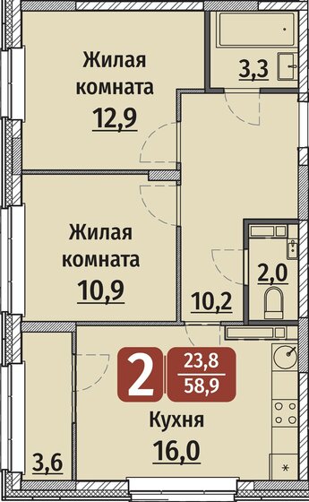 60,7 м², 2-комнатная квартира 7 009 100 ₽ - изображение 1