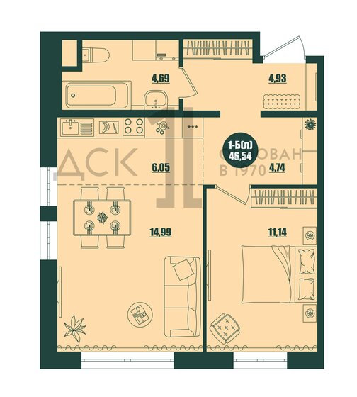 46,5 м², 1-комнатная квартира 6 400 000 ₽ - изображение 1