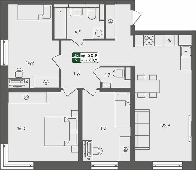 80,9 м², 3-комнатная квартира 7 320 000 ₽ - изображение 1