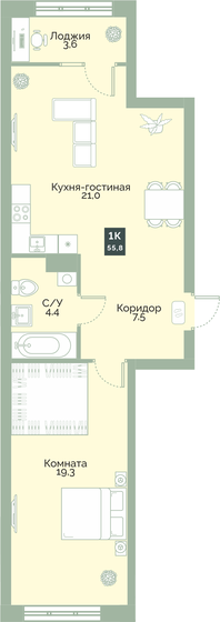55,8 м², 1-комнатная квартира 4 928 000 ₽ - изображение 1