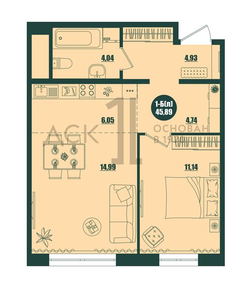 45,9 м², 1-комнатная квартира 6 850 000 ₽ - изображение 1
