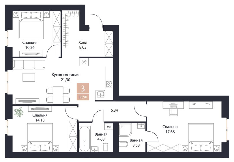 85,9 м², 3-комнатная квартира 10 737 500 ₽ - изображение 1