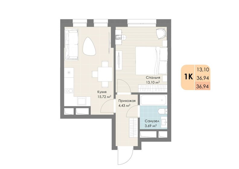 36,9 м², 1-комнатная квартира 8 200 680 ₽ - изображение 1