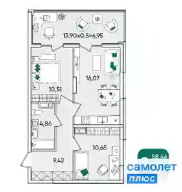 Квартира 58,5 м², 2-комнатная - изображение 1