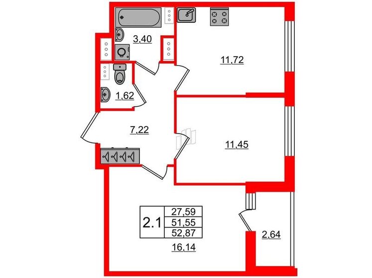 50,7 м², 2-комнатная квартира 16 000 000 ₽ - изображение 1