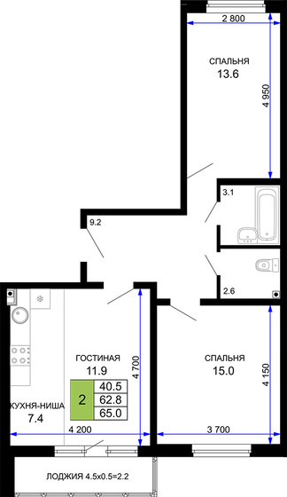 65 м², 2-комнатная квартира 9 425 000 ₽ - изображение 24