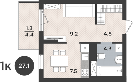 Квартира 27,1 м², 1-комнатная - изображение 1