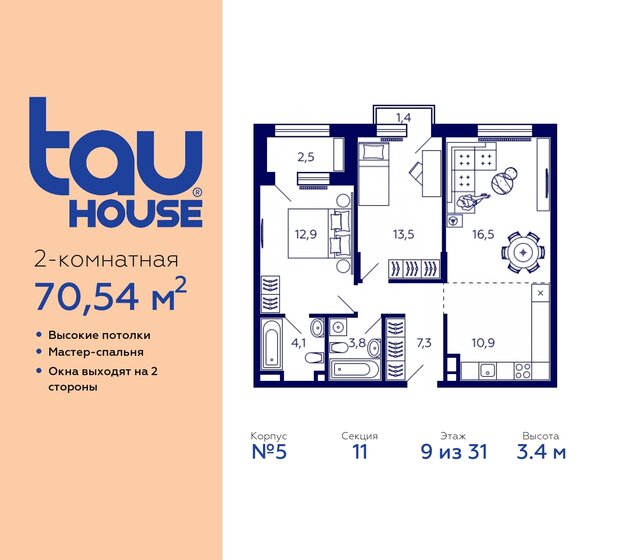 70,5 м², 2-комнатная квартира 9 954 534 ₽ - изображение 33