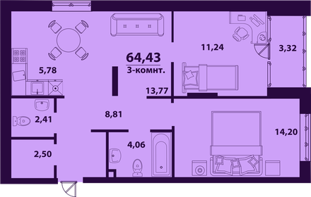 Квартира 64,4 м², 3-комнатная - изображение 1