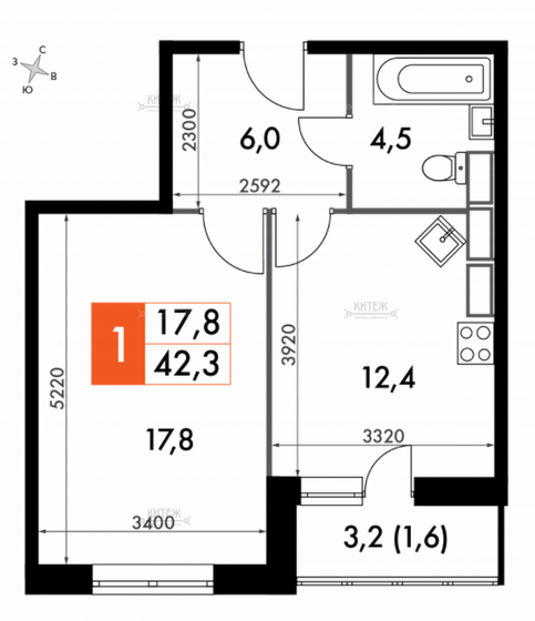 42,3 м², 1-комнатная квартира 3 361 420 ₽ - изображение 1