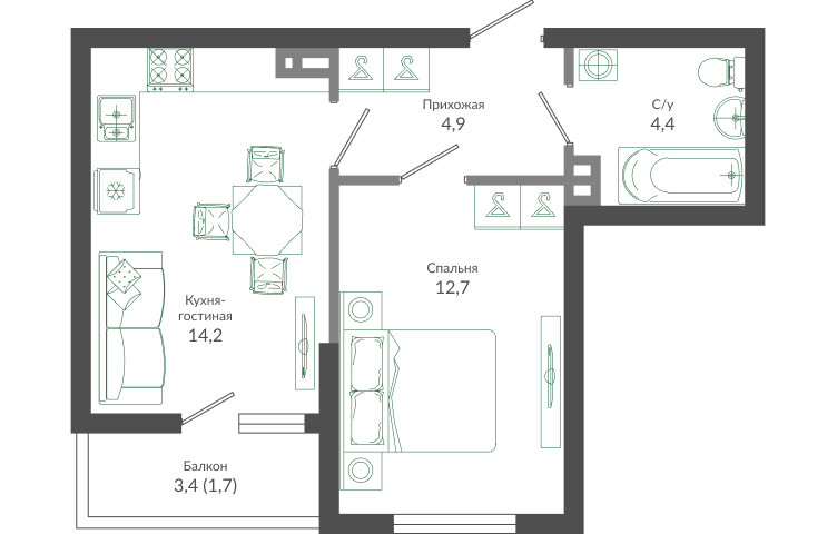 37,9 м², 1-комнатная квартира 16 196 240 ₽ - изображение 1