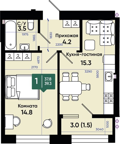 39,4 м², 1-комнатная квартира 4 058 200 ₽ - изображение 1