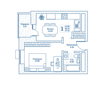 40,4 м², 1-комнатная квартира 5 252 000 ₽ - изображение 48