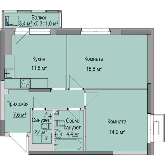57 м², 2-комнатная квартира 5 928 000 ₽ - изображение 1