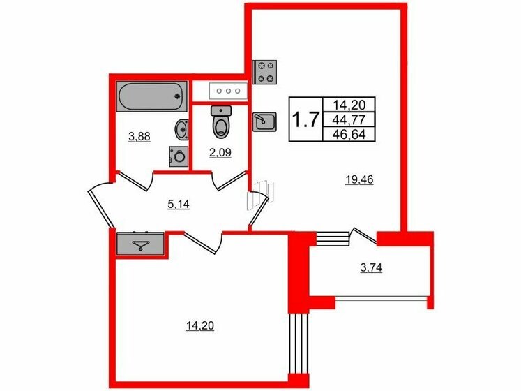 44,8 м², 1-комнатная квартира 10 850 099 ₽ - изображение 36