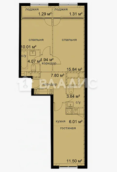 64,9 м², 2-комнатная квартира 11 600 000 ₽ - изображение 1