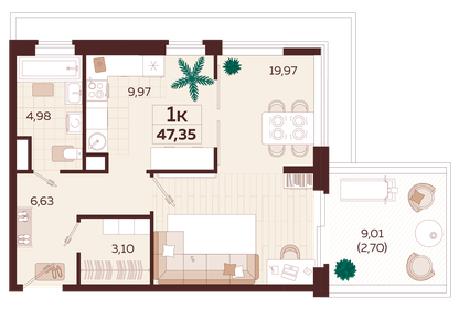 47,9 м², 1-комнатная квартира 24 600 000 ₽ - изображение 6