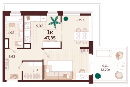 Квартира 47,4 м², 1-комнатная - изображение 1