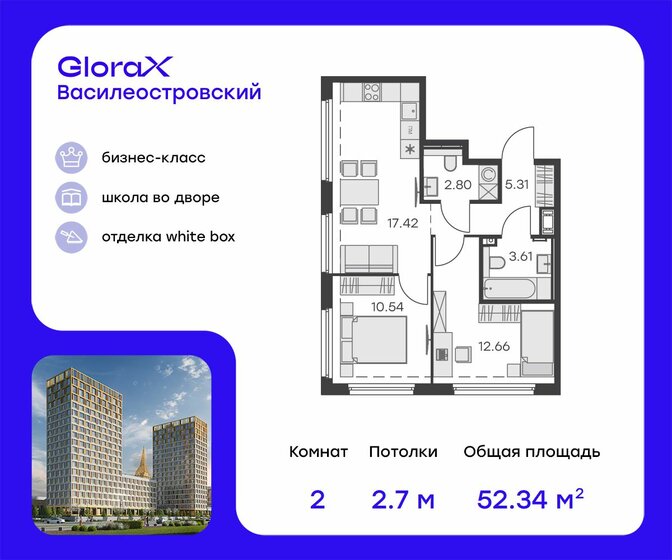 52,3 м², 2-комнатная квартира 15 489 999 ₽ - изображение 1