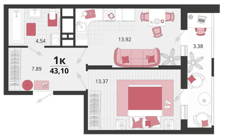 Квартира 43,1 м², 1-комнатная - изображение 1