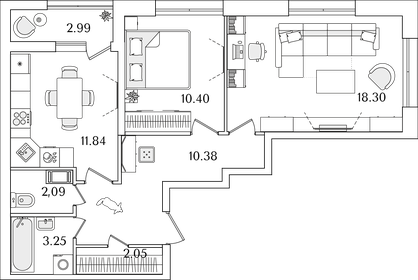 Квартира 59,8 м², 2-комнатная - изображение 1