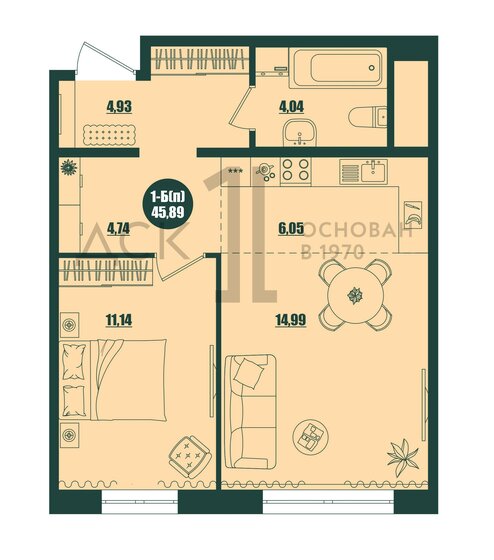 45,9 м², 1-комнатная квартира 6 350 000 ₽ - изображение 1