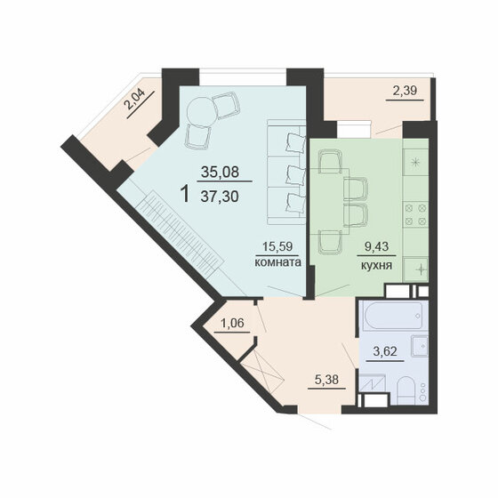37,3 м², 1-комнатная квартира 3 916 500 ₽ - изображение 1