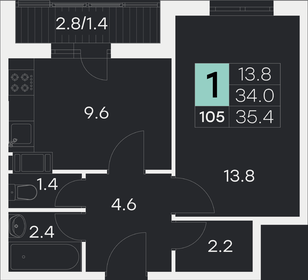 Квартира 35,4 м², 1-комнатная - изображение 1